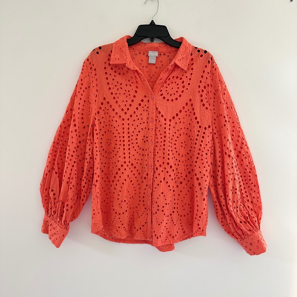 Chico's Eyelet Lace Button Down Shirt Women's Size 4 20/22 Balloon Sleeve Blouse
